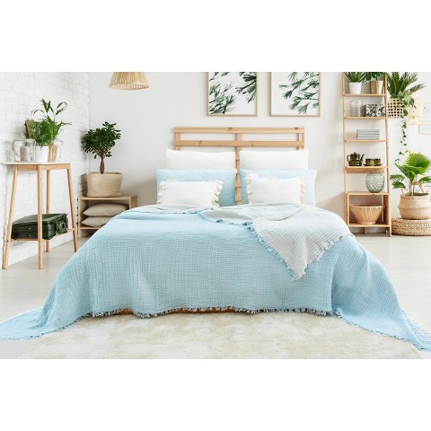 Sussex Home Muslin Blanket 4 Layers, Soft Bedspread, 100% Turkish Cotton Baby Blue Muslin Bed Cover, 91 x 95 in