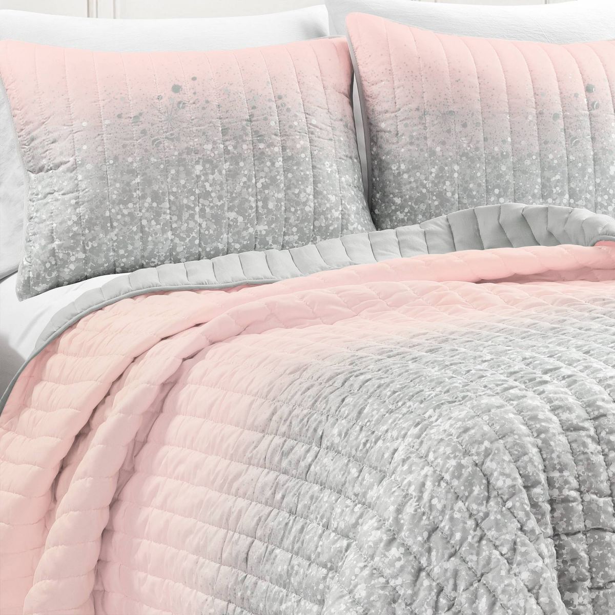 3pc Full/Queen Kids' Glitter Ombre Metallic Print Quilt Set Blush/Gray - Lush Décor: Teen Bedroom Decor Bedding Set - thumbnail 3