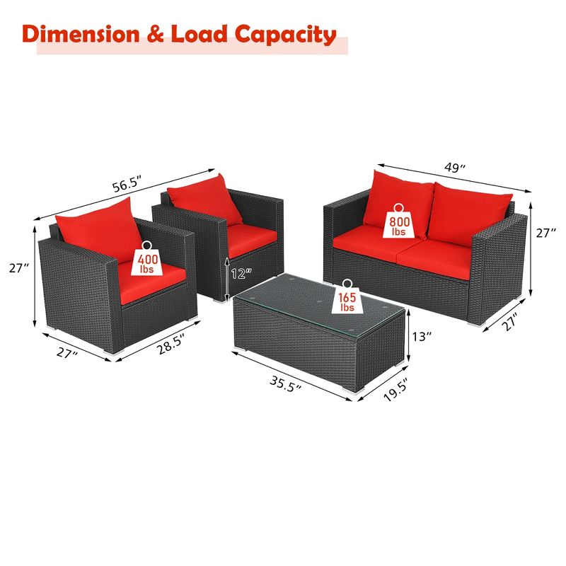 Costway 4PCS Patio Rattan Furniture Set Cushioned Sofa Chair Coffee Table Garden Red, 3 of 13
