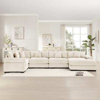 Aukfa 4-Seater Oversized Cloud Modular Sectional Sofa with Ottoman, Corduroy Fabric, Extra-Thick Armrests,  Easy Assembly, Ergonomic，Cream
