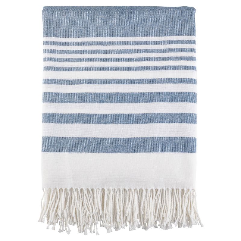 50&#34;x60&#34; Striped Pattern Throw Blanket with Fringes Navy - Saro Lifestyle, 1 of 5