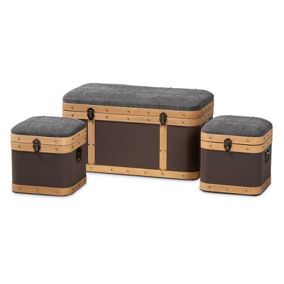 3pc Clarence Fabric Upholstered Ottoman Trunk Set Gray/Dark Brown/Oak Brown - Baxton Studio