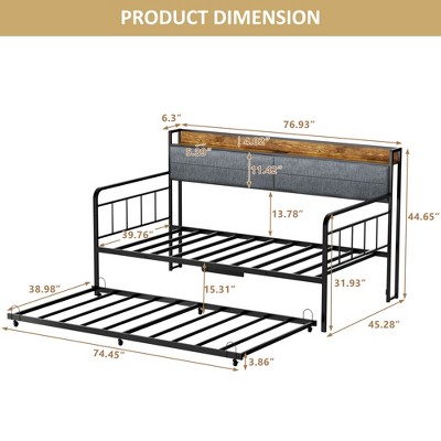 Black Twin Metal Daybed with Upholstered Headboard and Trundle