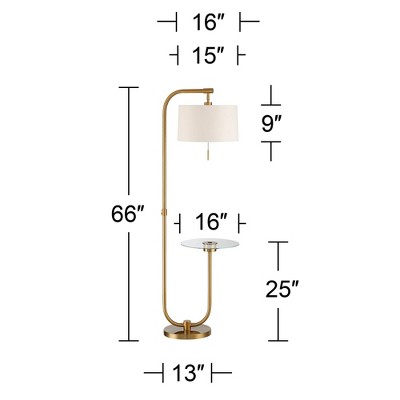 Brass Arc Floor Lamps with White Linen Shades and Glass Tray Tables
