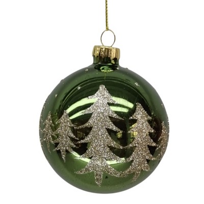 Season's Designs Christmas Tree 80Mm Decorated Glass Ornament Green W/ Glitte