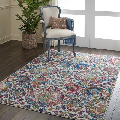 Ivory and Blue Floral Synthetic 2' x 4' Area Rug