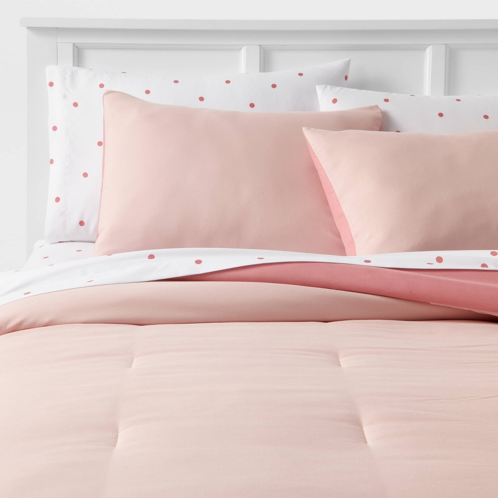 Photos - Duvet 7pc Queen Solid Microfiber Reversible Comforter & Sheets Set Light Pink/Ro