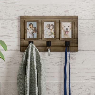 Wall Picture Collage with 3 Hanging Hooks- Wall Mounted Photo Frame Decor with Rustic Wood Look, Holds 4x6 Pictures By Hastings Home