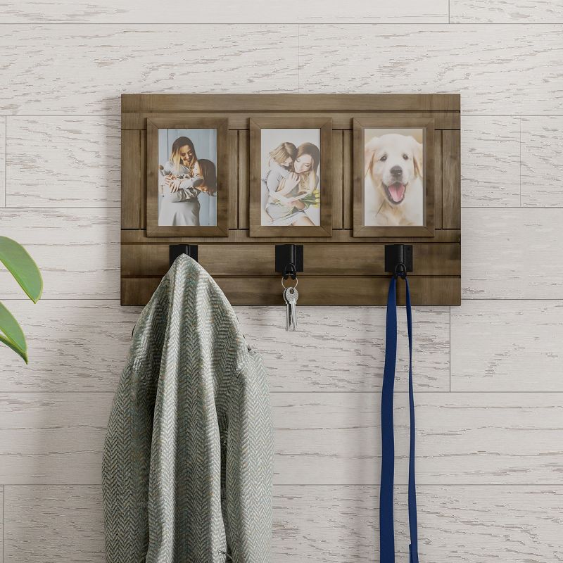 Wall Picture Collage with 3 Hanging Hooks- Wall Mounted Photo Frame Decor with Rustic Wood Look, Holds 4x6 Pictures By Hastings Home, 1 of 9