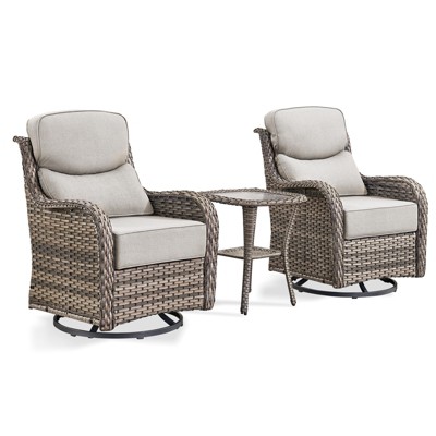 Belord Outdoor Swivel Chairs Set with Side Table, 6-Inch Thick Seat Cushions All Weather Wicker 3PCS Patio Furniture Set for Porch - Beige