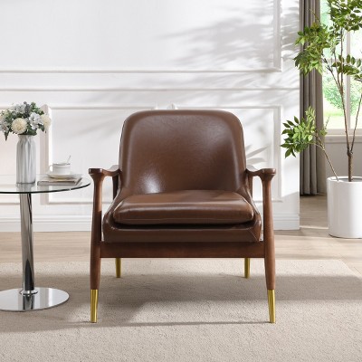 Mid-Century Modern Accent Chair with Faux Leather Upholstery, Solid Wood Frame, Brass-Tipped Legs & Cushioned Seat for Living Room-Coolbibila