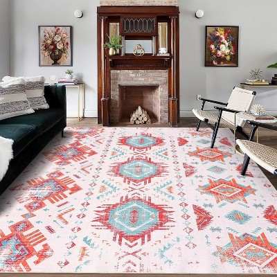 Acekool 1100gsm Belgian Chenille Washable Rug – Vintage Print, Non-Slip Backing (6x9ft, 8x10ft, 9x12ft) – Red/Blue & Gray