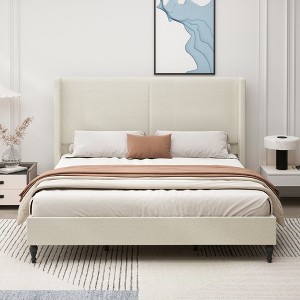 Queen/King Size Platform Bed Frame with Upholstered Headboard, Boucle Fabric - ModernLuxe - 1 of 4