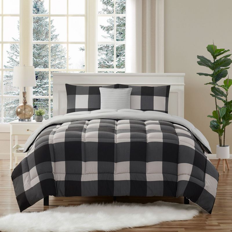 4 Piece Buffalo Plaid Design Reversible to Solid Color with 2 Shams & Throw Pillow by Sweet Home Collection™, 1 of 4