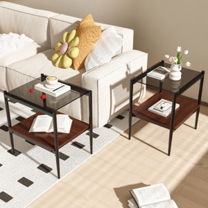 Set of 2 Rectangle End Table, Modern Table Tempered Glass Tabletop with MDF layer, Coffee Table Sets Glass-Cuddlewood - 1 of 4