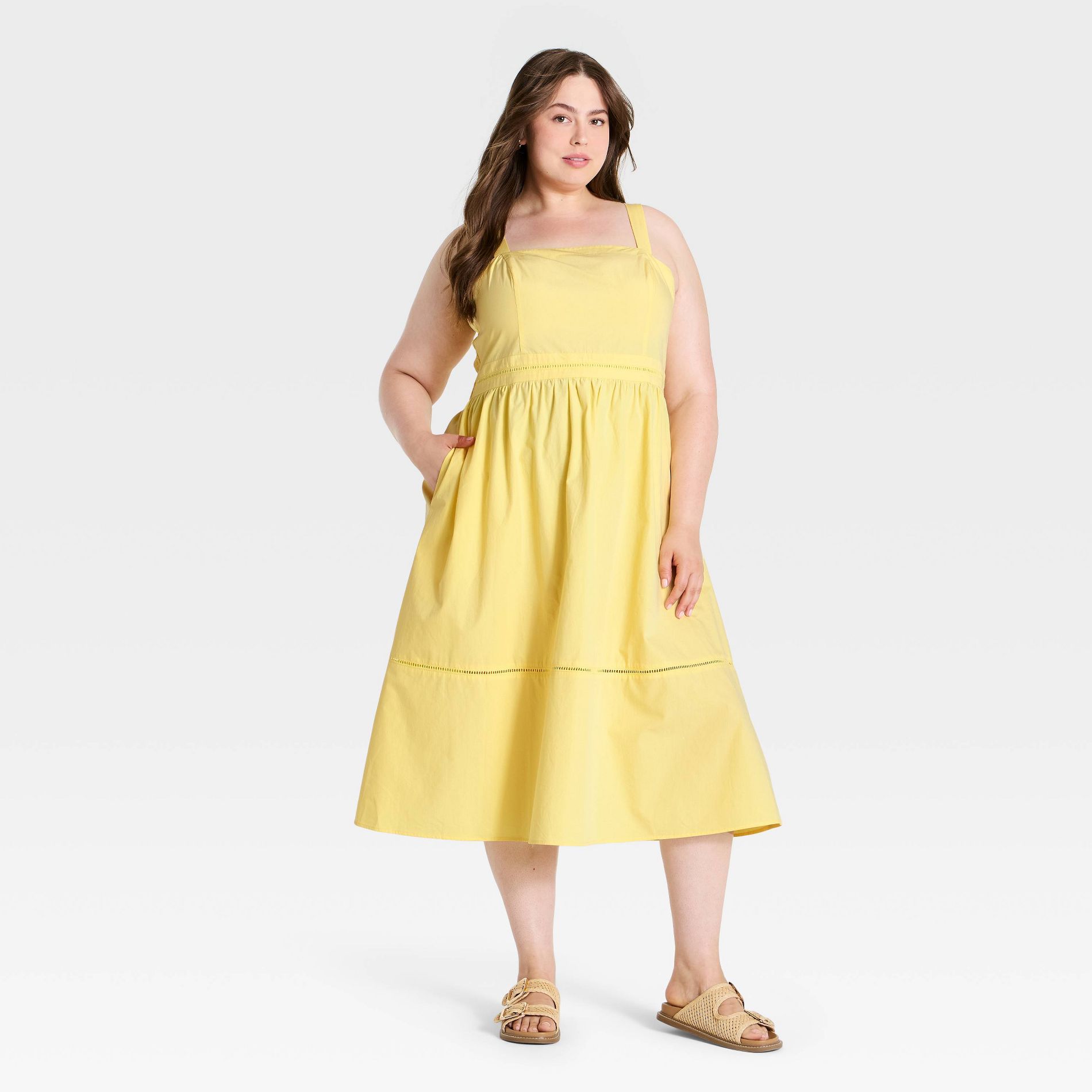 Women's Smocked Poplin Midi Dress - A New Day™ Yellow 1X