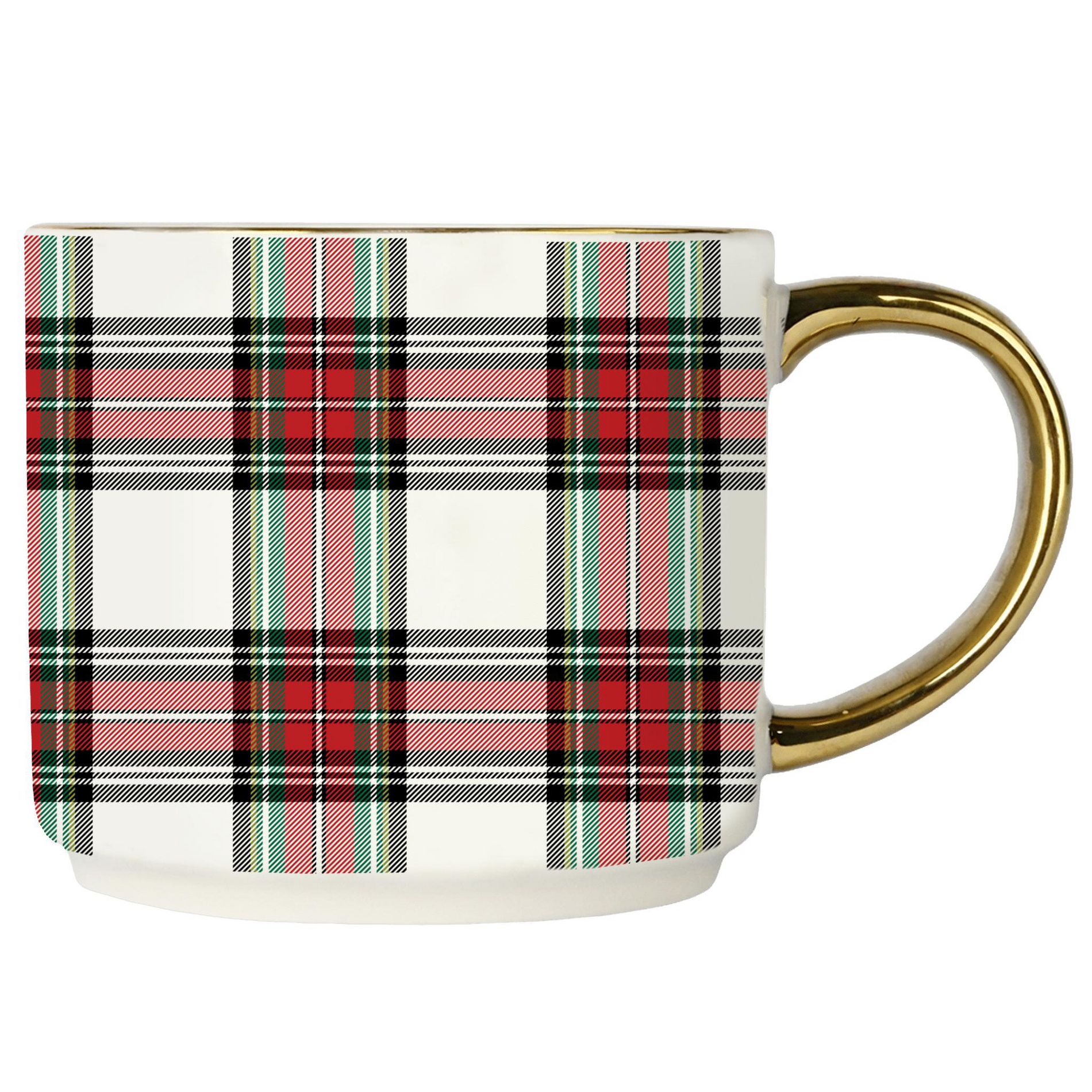 White Plaid 14oz. Gold Handle Coffee Mug