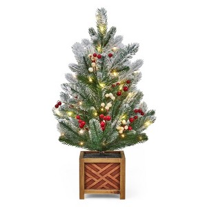 2ft Mini Pre-Lit Christmas Tree with Bow, Balls, Red Berries and Pine Cones, Tabletop Xmas Decor - 1 of 4