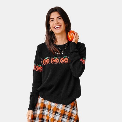 Women's Black Pumpkin Round Neck Long Sleeve Sweater - Cupshe