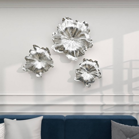 Set Of 3 Polystone Floral 3d Wall Decors Silver - Olivia & May : Target