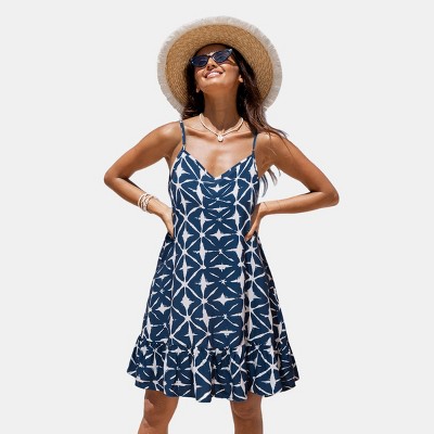 Women's Chic Geometric Print Spaghetti Strap Midi Dress - Cupshe-M-Blue