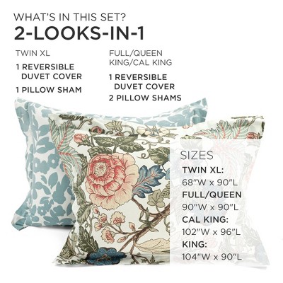 Sydney Twin XL Green Blue Reversible Cotton Floral Duvet Cover Set