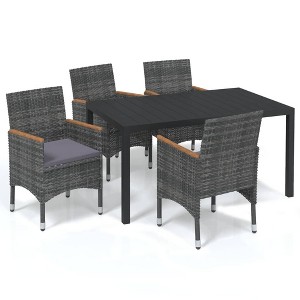 vidaXL Patio Dining Set with Cushions - 5 Piece, Poly Rattan, Gray and Brown, 59.1" Table Length, 4 Chairs - 1 of 4
