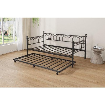 Twin Daybed with Trundle, Multifunctional Convertible Couch Bed with Built-In LED Lights，Metal Day Beds Twin Size, Sofa Bed for Living Room