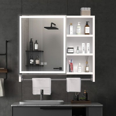 Modern 32x28 Inches Bathroom Cabinet with Mirror LED Lights and Multi-Level Storage Locker with Towel Rail