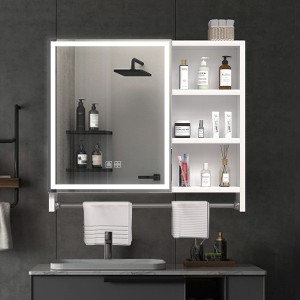 Modern 32x28 Inches Bathroom Cabinet with Mirror LED Lights and Multi-Level Storage Locker with Towel Rail - 1 of 4