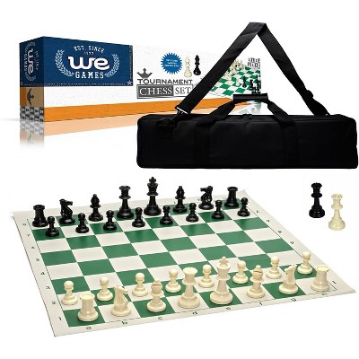 WE Games Complete Tournament Chess Set, Weighted Chess Pieces with Green Roll-up Chess Board and Travel Canvas Bag