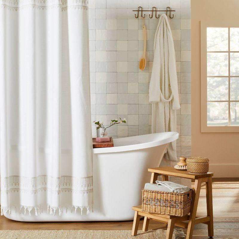 Embroidered Border Stripe Woven Shower Curtain Taupe - Hearth &#38; Hand&#8482; with Magnolia, 3 of 7