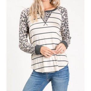 Women's Carol Leopard & Striped Raglan Top - Shirley Stone - 1 of 4