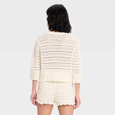 Women's Quarter Sleeve Openwork Crewneck Pullover Sweater - Universal Thread