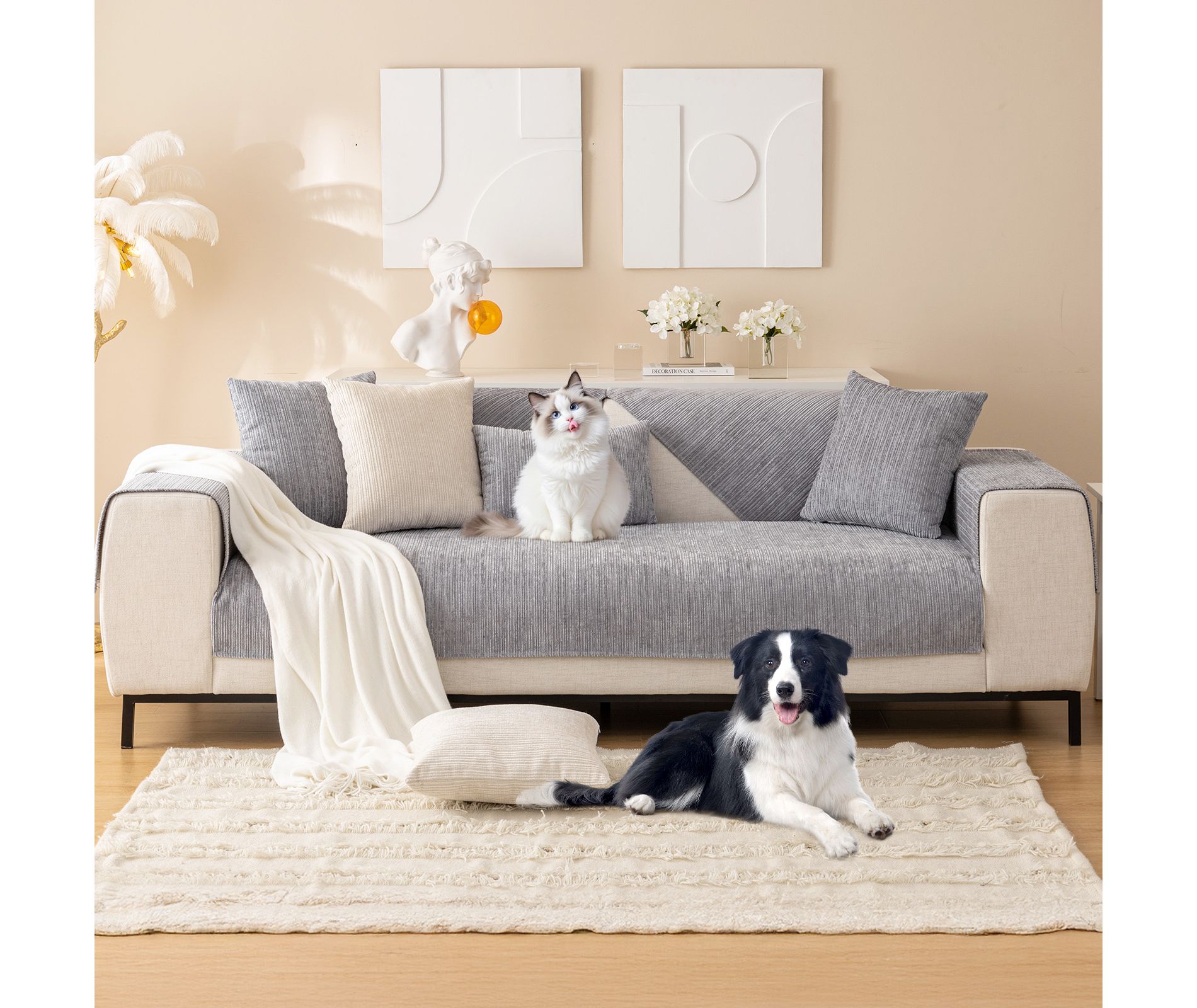 Bekrvio Pet-Proof Chenille Sofa Cover, Non-Slip Washable Sectional Couch Protector for Dogs & Cats, Fuzzy Furniture Slipcover, 35"x70" Gray