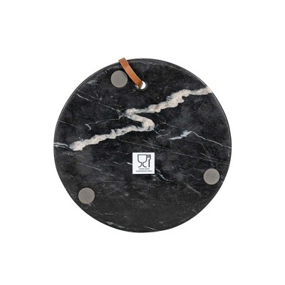Round Black Marble Cheese Serving Board with Leather Loop