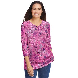 Woman Within Plus Size Perfect Printed Three-Quarter Sleeve V-Neck Tee - 1 of 4
