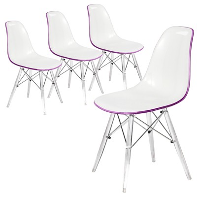 LeisureMod Dover Modern Dining Chair with Acrylic Base, Set of 4 (White Purple)