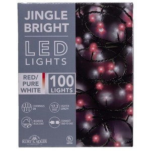 Kurt Adler Indoor/Outdoor Jingle Bright LED Light Set, 100 LED Lights on Green Wire, Red/Pure White, 17ft - 1 of 3