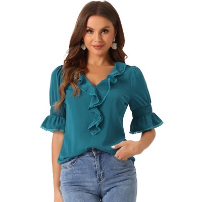 INSPIRE CHIC Women's Ruffle V Neck Puff Sleeve Summer Casual Chiffon Peasant Top