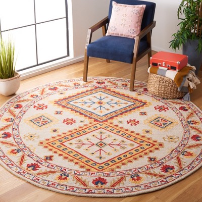 Ivory Geometric Handmade Wool Round Rug - 7' Diameter
