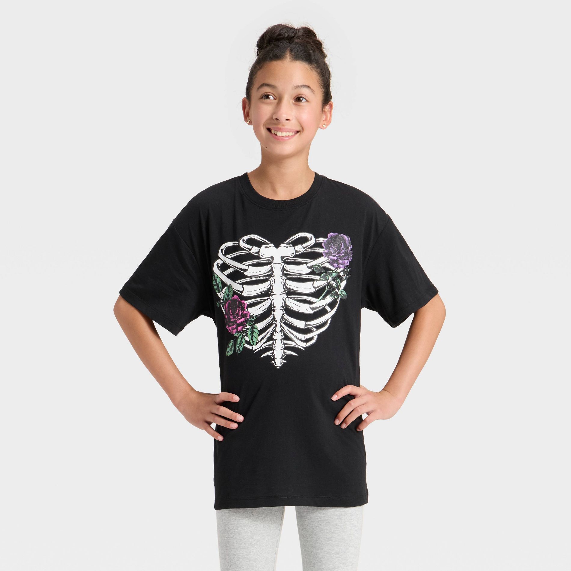 Girls' Floral Ribcage Short Sleeve Oversized Graphic T-Shirt - Black L
