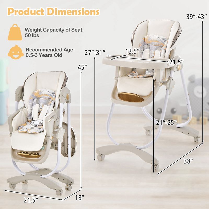 Babyjoy Baby High Chair with Wheel Folding Baby Dining Chair Adjustable Height & Recline Grey/Black, 3 of 11