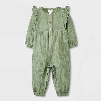 Image of Baby Girls' Gauze Long Sleeve Romper - Cat & Jack™ Sage Green 12M