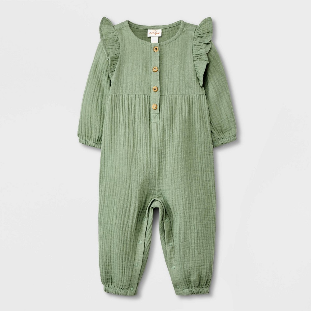 Baby Girls' Gauze Long Sleeve Romper - Cat & Jack Sage Green 3-6M