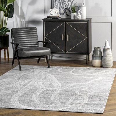 Gray and White Striped Octopus Synthetic Area Rug