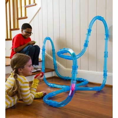 HearthSong - Tunnel Racer 71-Piece Race Car Tubular Track Set with 2 Glow-in-the-Dark Race Cars and 1 Cosmic Strobe Ball