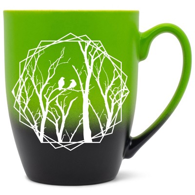 Elanze Designs Birds and Branches Two Toned Ombre Matte Green and Black 12 ounce Ceramic Stoneware Coffee Cup Mug