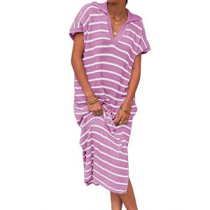 Imily Bela Women's striped dress, striped dress, short-sleeve V-neck knit dress, sexy slit, loose long collared sweater dress - 1 of 4