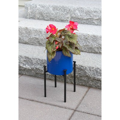 French Blue Galvanized Steel Planter with Black Wrought Iron Stand